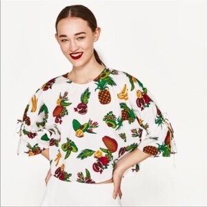 Zara Womens White Fruit Print Cropped Blouse Top Medium